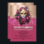 Invitación Rosa de oro floral mascarada cumpleaños Quinceañer<br><div class="desc">La cara de una hermosa mujer con piel blanca de porcelana y labios rosados oscuros de color burdeos lleva una máscara ocular en oro falso. Su cara está enmarcada por rosas brillantes de satén burdeos y verde oscuro, plumas decorativas de oro falsas y polvo de diamante rosa pálido. Se enfrenta...</div>