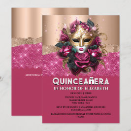 Invitación Rosa de oro floral mascarada cumpleaños Quinceañer