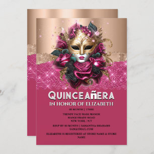 Invitación Rosa de oro floral mascarada cumpleaños Quinceañer