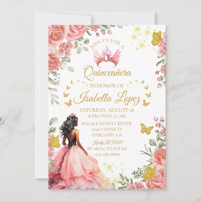 Invitación Rosa de oro floral Princesa Quinceanera Cumpleaños (Anverso)