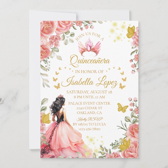 Invitación Rosa de oro floral Princesa Quinceanera Cumpleaños (Anverso)