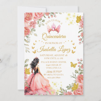 Invitación Rosa de oro floral Princesa Quinceanera Cumpleaños