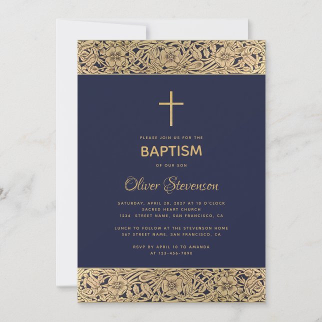 Invitación Rosa de oro floral sobre bautismo de niño elegante (Anverso)
