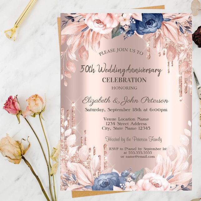 Invitación Rosa de Oro Flores con Brillo Bodas de Aniversario (Subido por el creador)