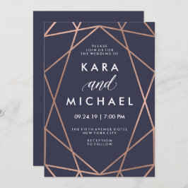 Invitación Rosa de oro geométrico Faux sobre Boda azul de med