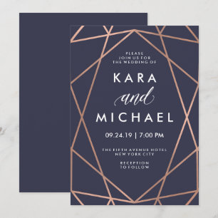 Invitación Rosa de oro geométrico Faux sobre Boda azul de med