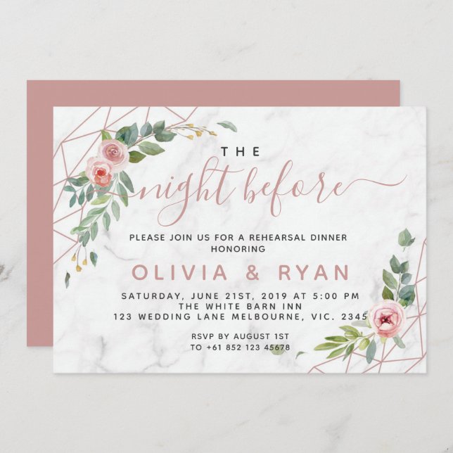 Invitación Rosa de oro geométrico la noche anterior a la invi (Anverso / Reverso)