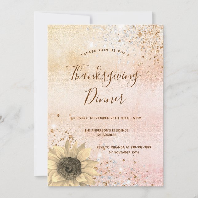 Invitación Rosa de oro girasol Día de Acción de Gracias Cena (Anverso)
