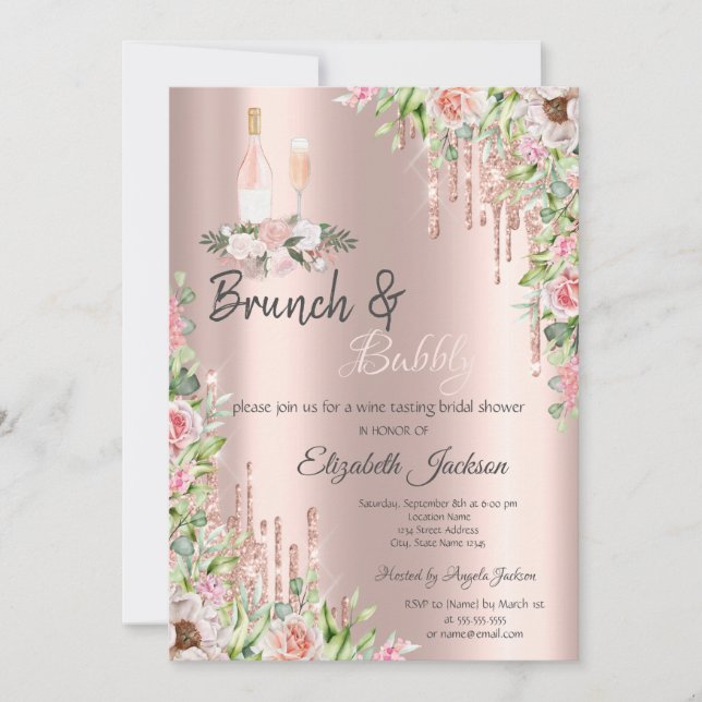 Invitación Rosa de Oro gotea Rosas Brunch & Bubbly (Anverso)