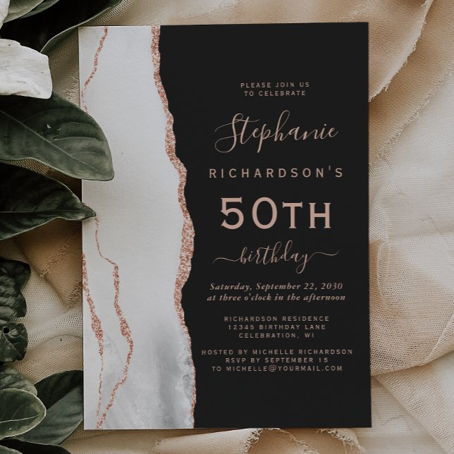 Invitación Rosa de Oro Gris Blanco Ágata Oscuro Cumpleaños 50 (Subido por el creador)