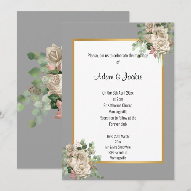INVITACIÓN ROSA DE ORO GRIS EUCALÍPTUS BODA BLANCO 2 (Anverso / Reverso)