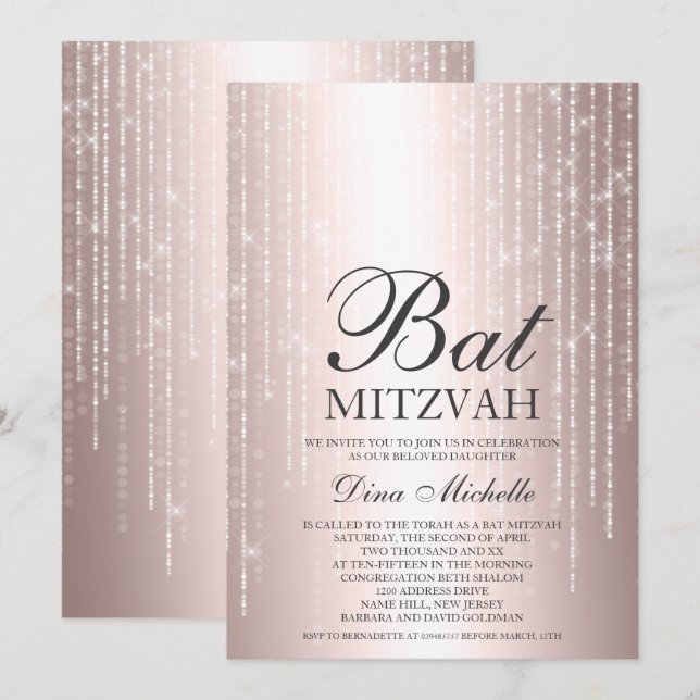 Invitación Rosa de oro luces metálicas de cuerda moda Bat Mit (Anverso / Reverso)