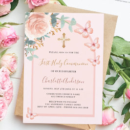 Invitación Rosa de oro mariposas floral Primera comunión