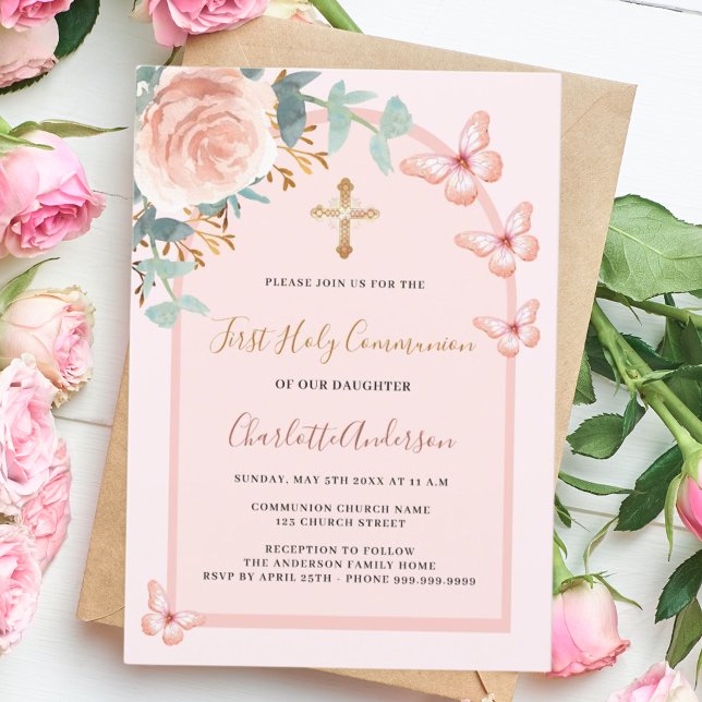 Invitación Rosa de oro mariposas floral Primera comunión (Subido por el creador)