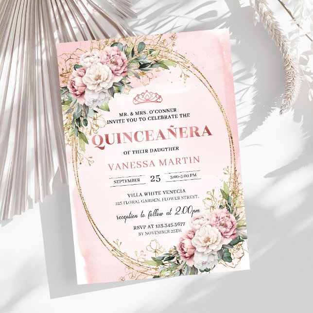 Invitación Rosa de Oro Moderna Floral Verde para Cumpleaños 1 (Modern Rose Gold Floral Greenery 15th Birthday)