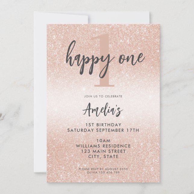Invitación Rosa de oro moderno elegante primer cumpleaños (Anverso)
