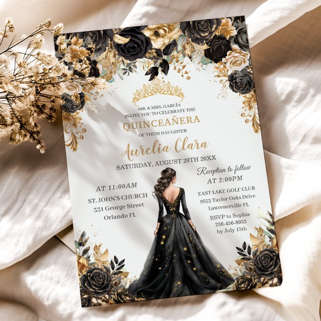 Invitación Rosa de oro negro Floral Princesa vestida Quinceañ (ornate baroque black and gold floral brunette girl black dress quinceanera birthday invitation cards)