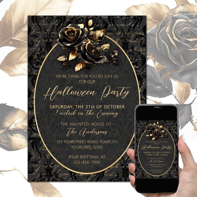 Invitación Rosa de oro negro gótico damasco elegante Hallowee (Black gold elegant gothic Halloween party invitation, damask pattern, black gold roses)