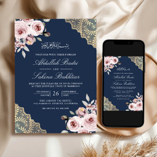 Invitación Rosa de oro polvoriento QR Código Naval Boda musul