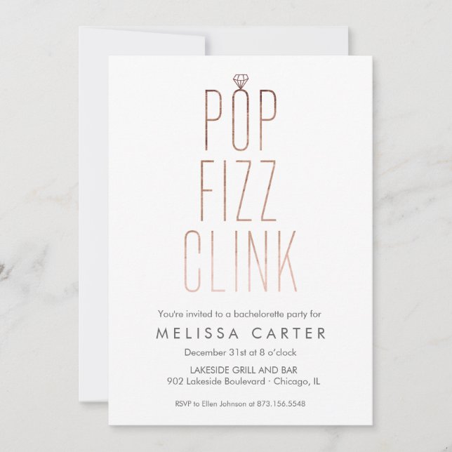 Invitación Rosa de oro Pop Fizz Clink Bachelorette Faux Relie (Anverso)