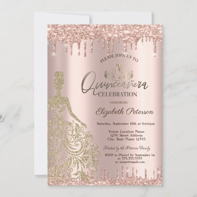 Invitación Rosa de oro  Purpurina de oro bombea Quinceañera (Anverso)