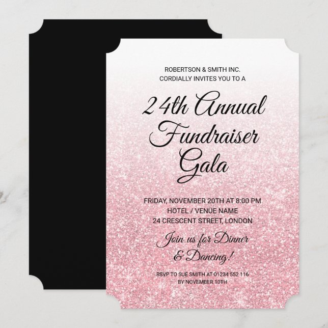 Invitación Rosa  de Oro Purpurina de Recaudación de Fondos Co (Anverso / Reverso)