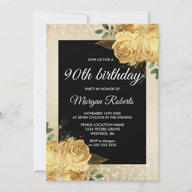 Invitación Rosa de Oro Purpurina Floral 90 cumpleaños (Anverso)