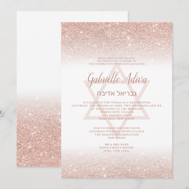 Invitación Rosa de oro purpurina guion giratorio blanco Bat M (Anverso / Reverso)