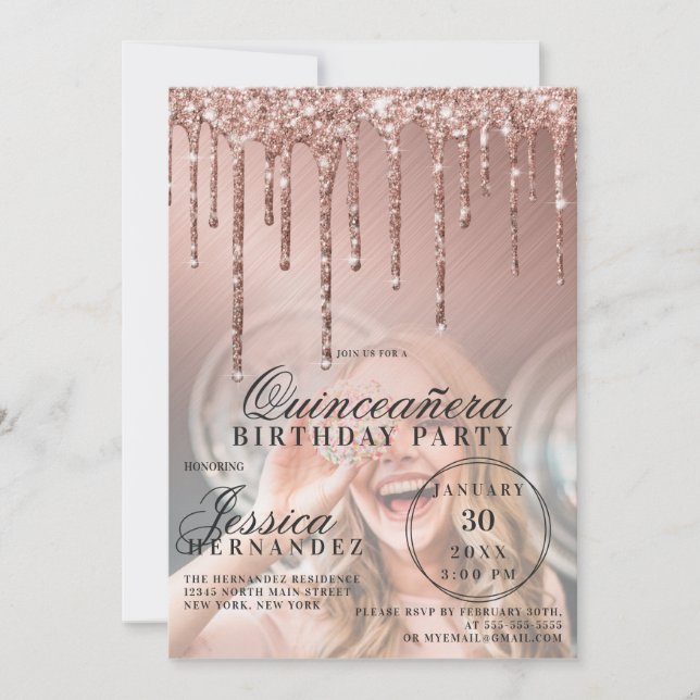Invitación Rosa de Oro Purpurina Metálico Foto Quinceañera (Anverso)