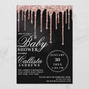 Invitación Rosa de oro Purpurina metálico negro gotea Baby Sh
