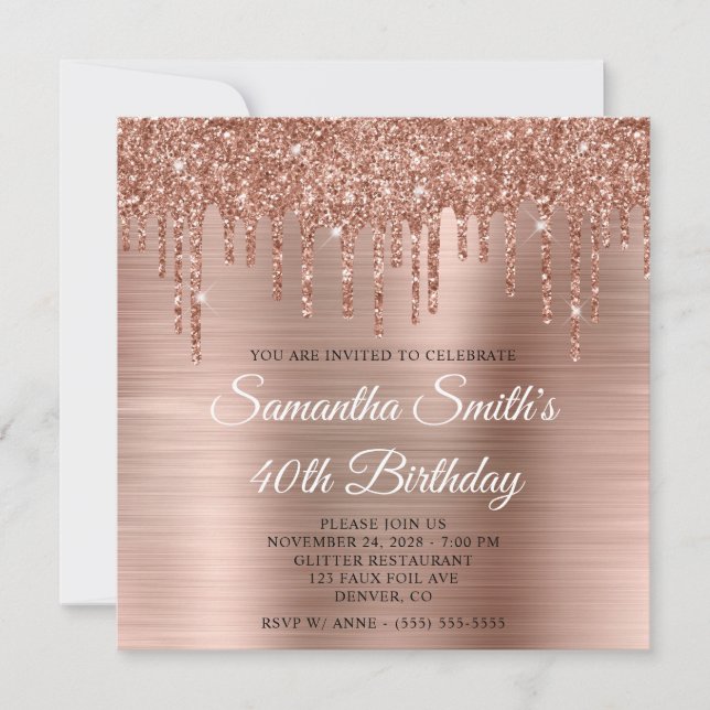 Invitación Rosa de Oro Purpurinas Drips y Relieve metalizado  (Anverso)