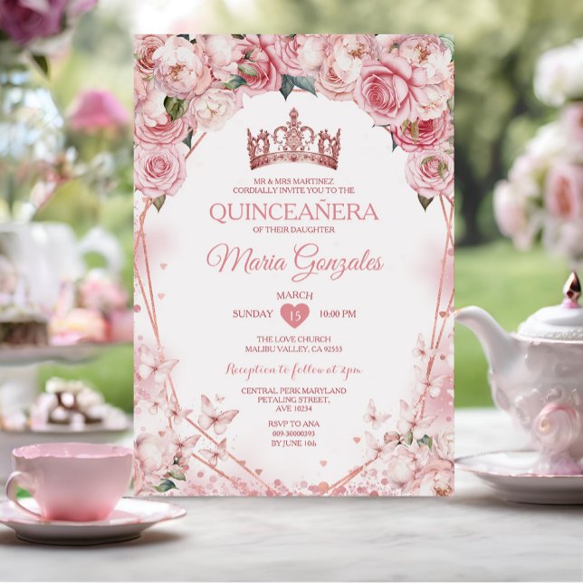 Invitación Rosa de oro Quinceañera Crown Butterfly 15 Anos (Subido por el creador)