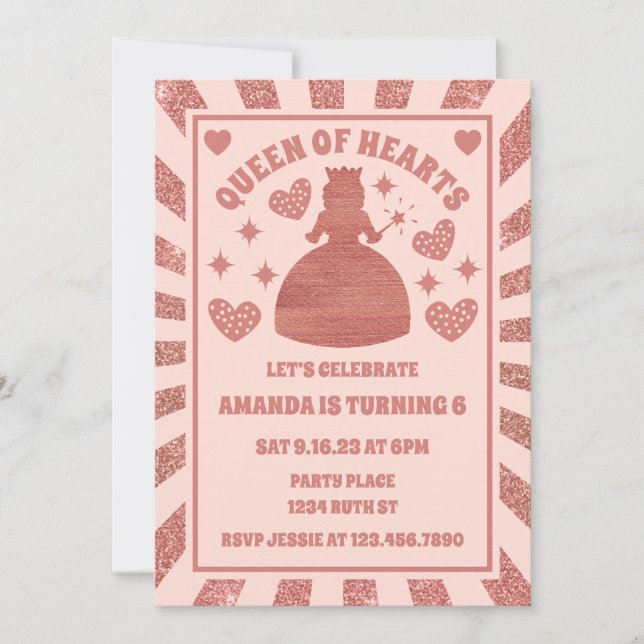Invitación Rosa De Oro Reina De Corazones Cumpleaños (Anverso)