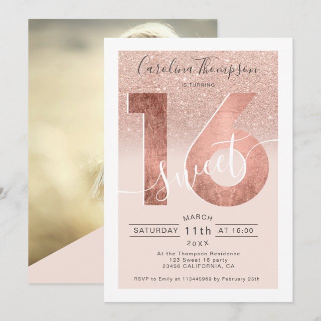 Invitación Rosa de oro Relieve metalizado purpurina guión rub (Anverso / Reverso)