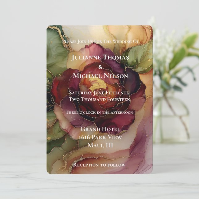 Invitación Rosa de oro rojo borgoña Boda floral II (Anverso de pie)