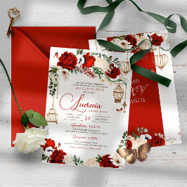 Invitación Rosa de oro rojo Mariposa Floral Elegante Quinceañ