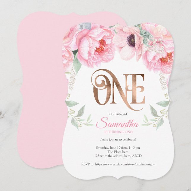 Invitación Rosa de oro, rosa, acuarela, floral, primer cumple (Anverso / Reverso)