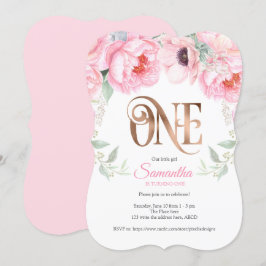 Invitación Rosa de oro, rosa, acuarela, floral, primer cumple