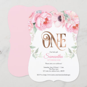 Invitación Rosa de oro, rosa, acuarela, floral, primer cumple