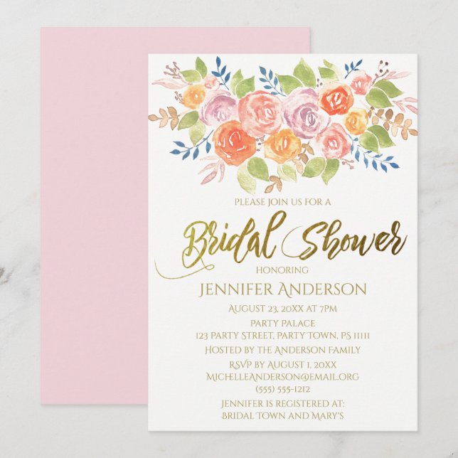 Invitación Rosa de oro rosa Floral Bouquet Bridal Shower (Anverso / Reverso)