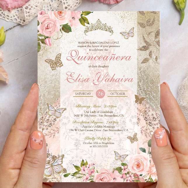 Invitación Rosa de oro rosa Glam Quinceanera (Subido por el creador)