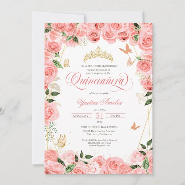 Invitación Rosa de oro rosa Rubor elegante mariposa Quinceane (Anverso)