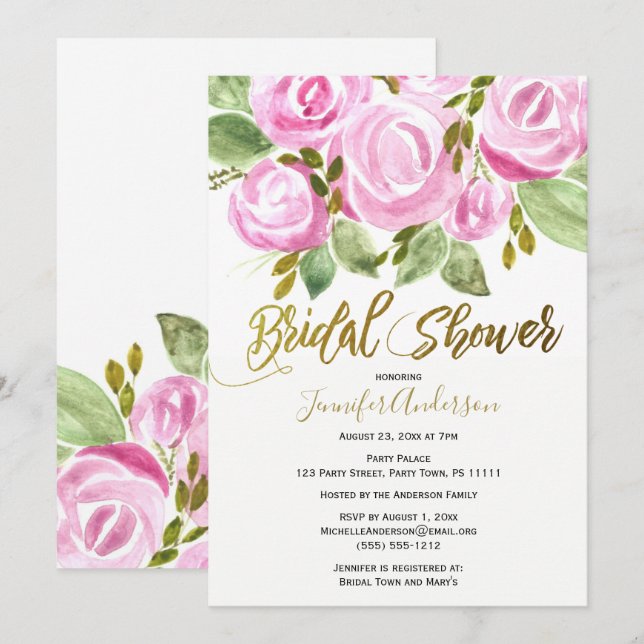 Invitación Rosa de oro rosa verde ducha de novia con hoja de  (Anverso / Reverso)