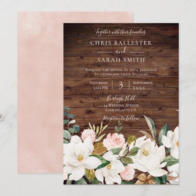 Invitación Rosa de oro Rubor Boda floral ruso blanco (Anverso / Reverso)