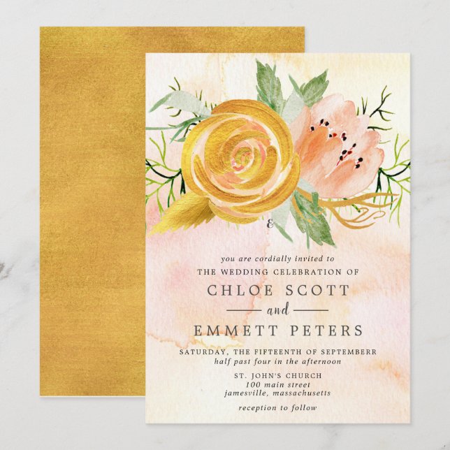 Invitación Rosa de oro Rubor Pink Peony Floral Boda (Anverso / Reverso)