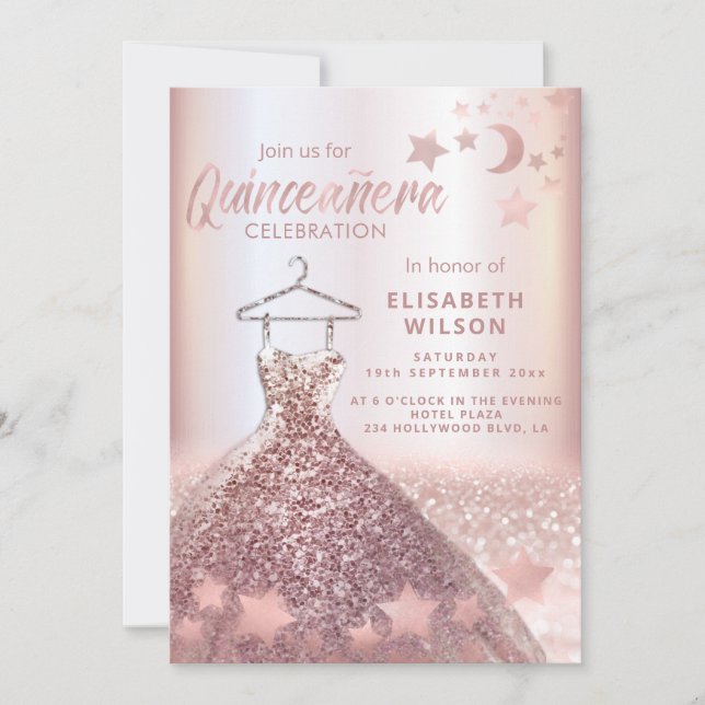 Invitación Rosa de oro secuelas de vestir estrellas de la lun (Anverso)