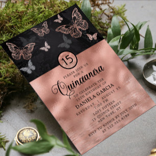 Invitación Rosa de oro Shimmer mariposa moderna Quinceañera