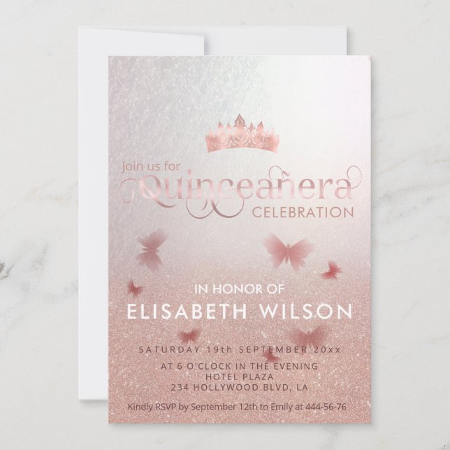 Invitación Rosa de oro sombrío mariposa tiara Quinceañera (Anverso)