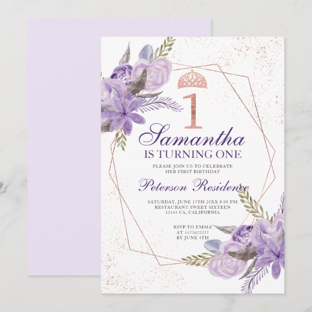 Invitación Rosa de oro tiara floral acuarela 1º cumpleaños (Anverso / Reverso)