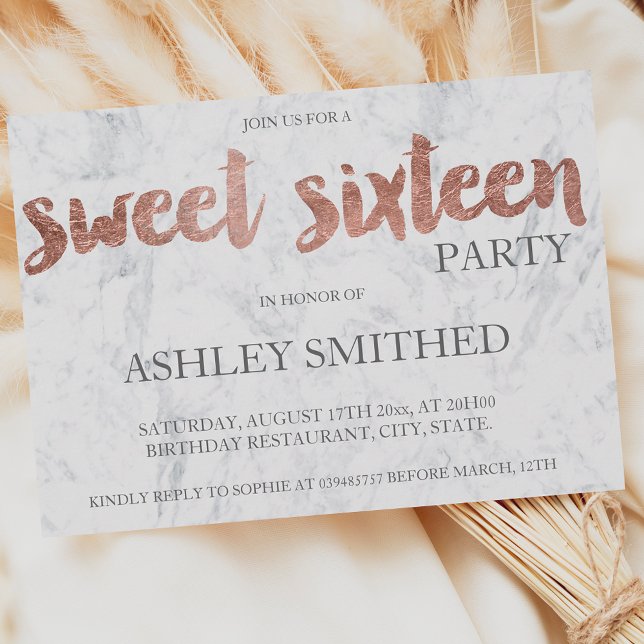 Invitación Rosa de oro tipografía mármol Sweet 16 (Subido por el creador)